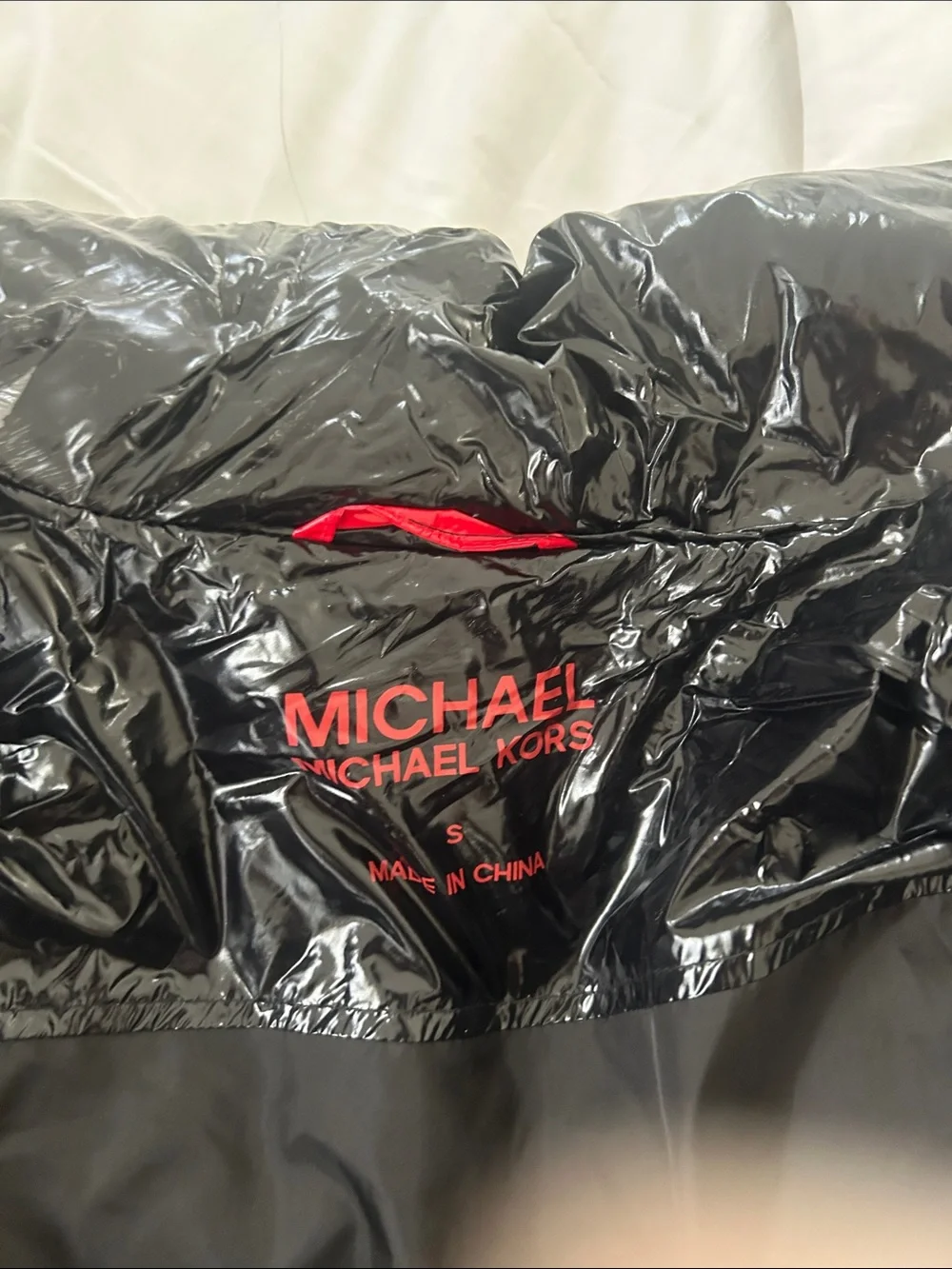 Michael Kors Glossy Red Puffer Jacket with Black Contrast